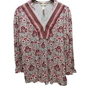 Matilda Jane Women’s M Boho Floral Tunic Blouse Long Sleeve Pink Embroidered